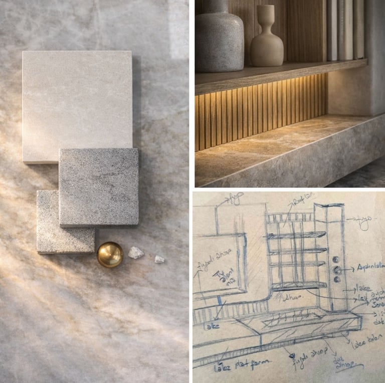 Konset geliştirme aşamasında malzeme ve doku seçimi.