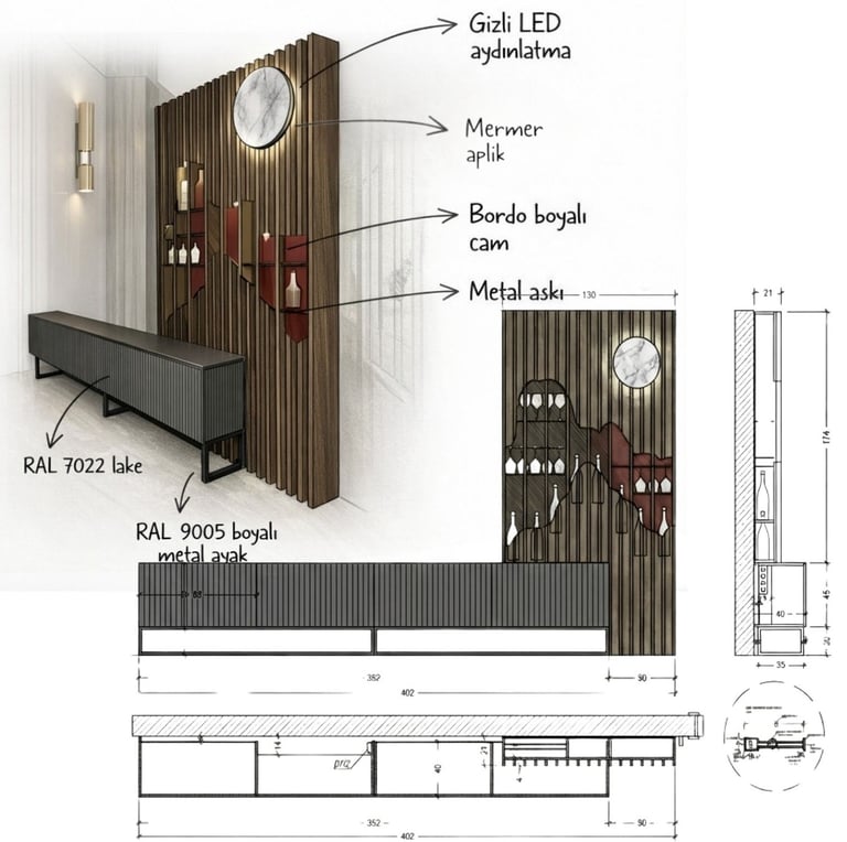 İç mimari proje yönetimi sürecinde teknik çizim ve uygulama detayı.