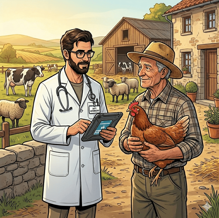 Veterinario che parla con un allevatore all'interno di una azienda agrozootecnica