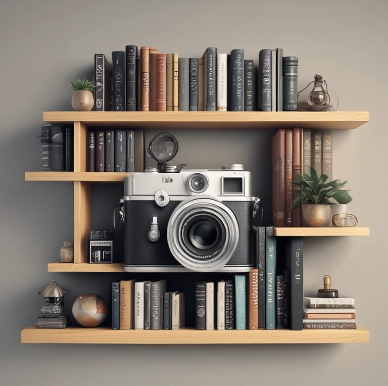 A vibrant collage showing a camera, a firearm safety class, a classic watch, and colorful children’s books.