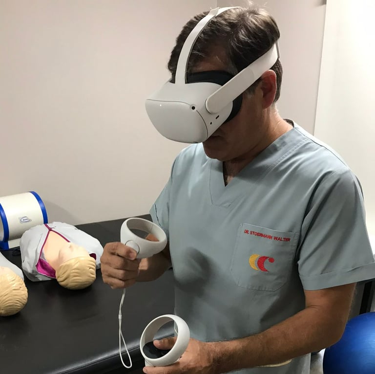 a man in scrubs and a virtual reality headset