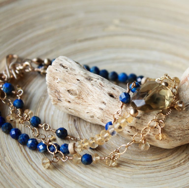 Gold filled multi strands bracelet with gemstones