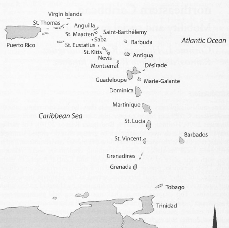 Map of the Windward Islands shows Parker's voyage from Tobago to Montserrat