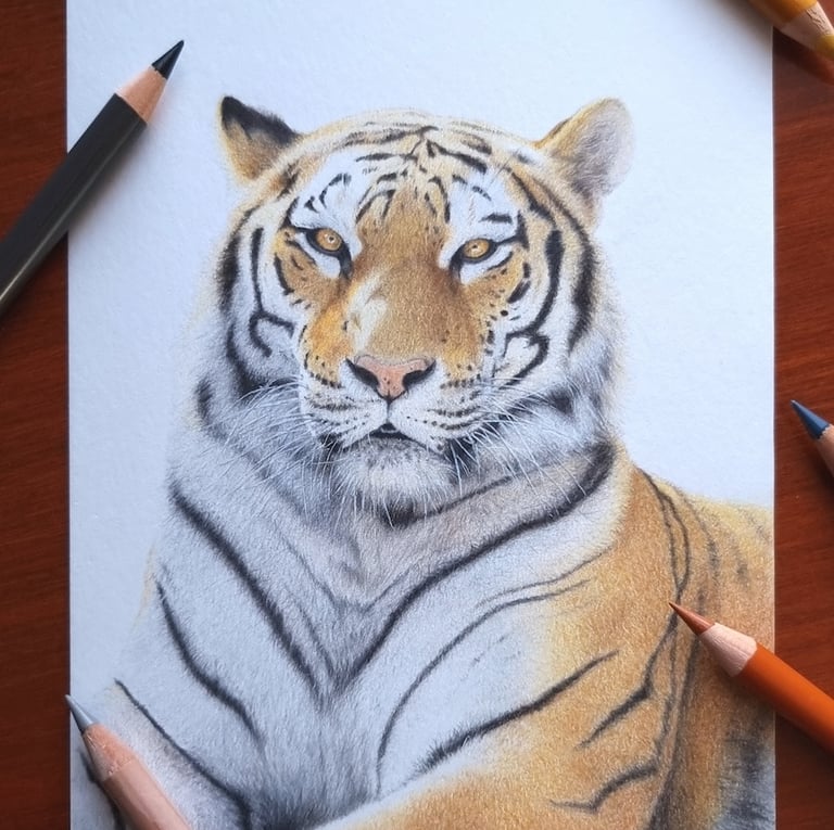 a colored pencil portrait of a tiger