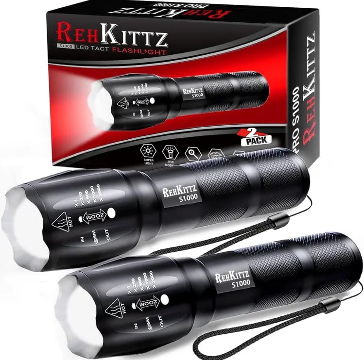 REHKITTZ Linterna LED de Alta Potencia 2000 Lúmenes (2 piezas), color negro con 5 modos