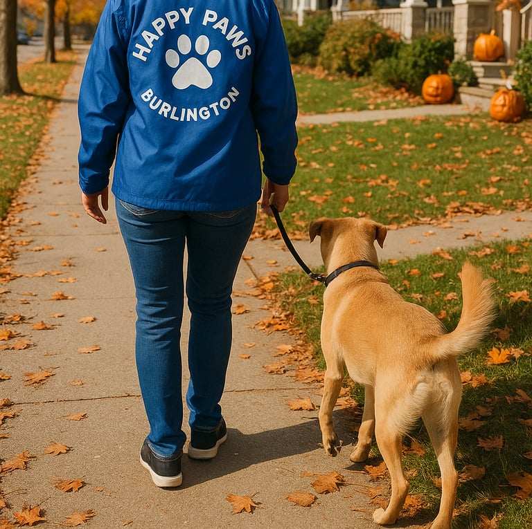 Happy Paws Burlington dog walker on fall walk with pet.