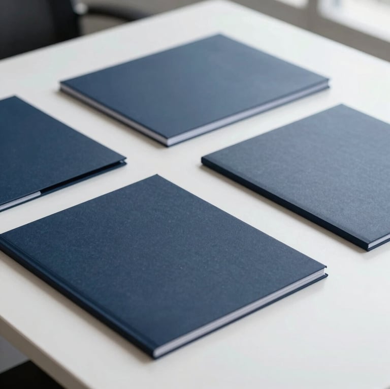 Close-up of organized financial documents on a modern desk, clean corporate photography, bright natural daylight, deep navy and slate tones.