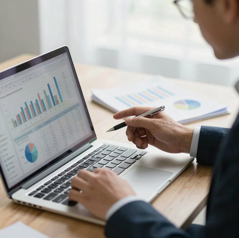 A professional consultant analyzing data on multiple screens in a dark, modern office setting.