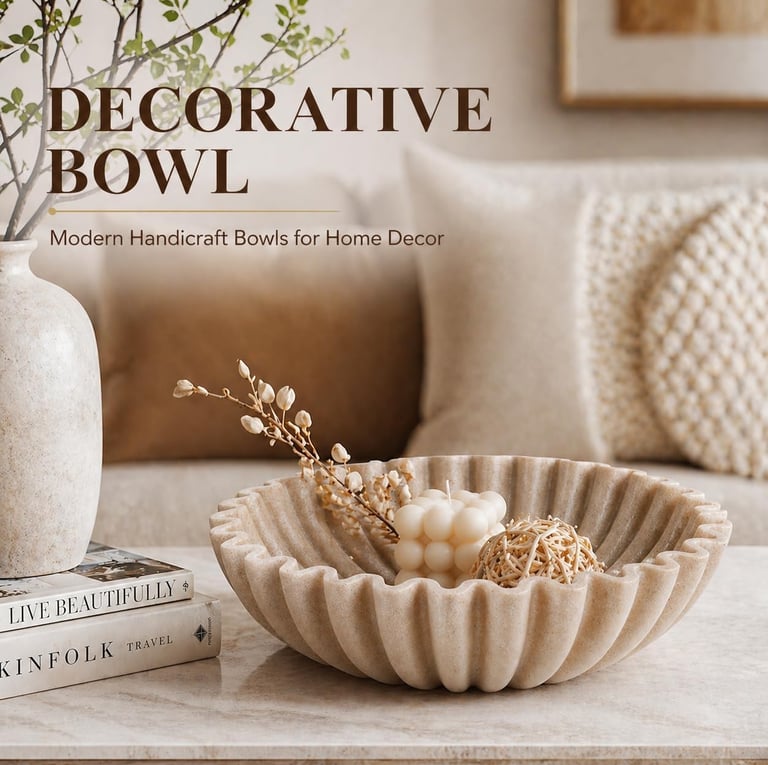Modern decorative fluted stone bowl on a coffee table with neutral home decor accents.