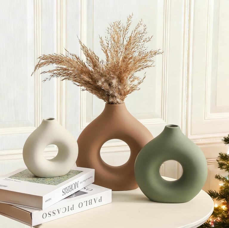 Modern ceramic vase set of 3 decorative hollow vases for living room coffee table and minimalist home decor.