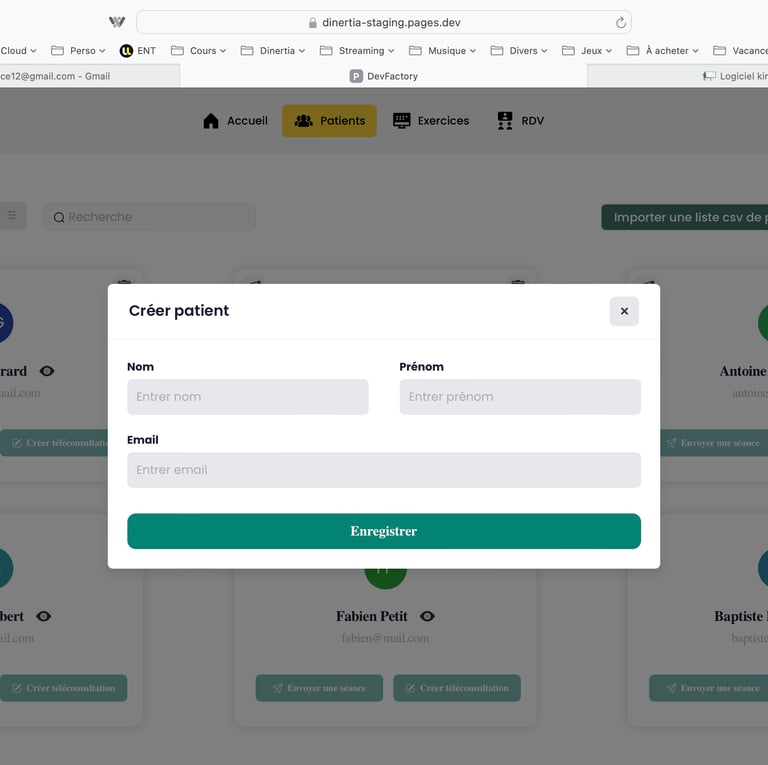 Créer un patient en inscrivant nom, prénom et e-mail