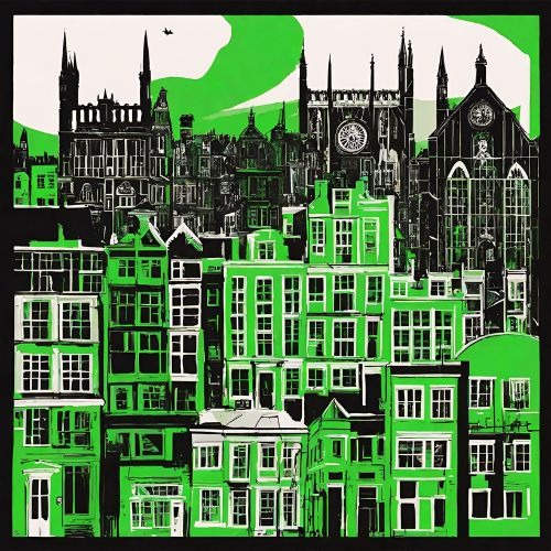 A green cityscape of a Exeter city with a clock tower