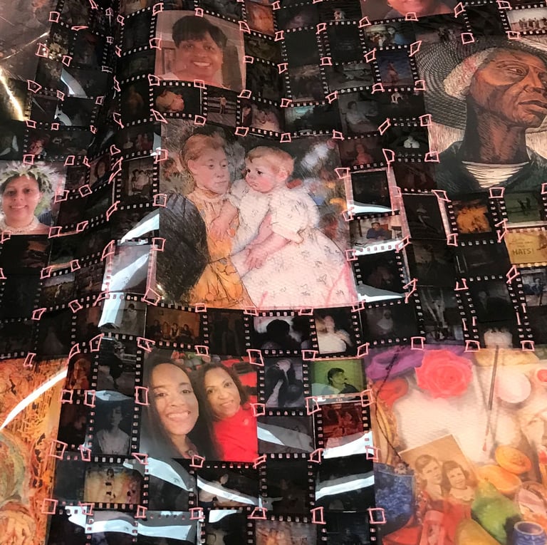 Fabric made of slide film positives, sewn together using pink crochet thread. The film images are al