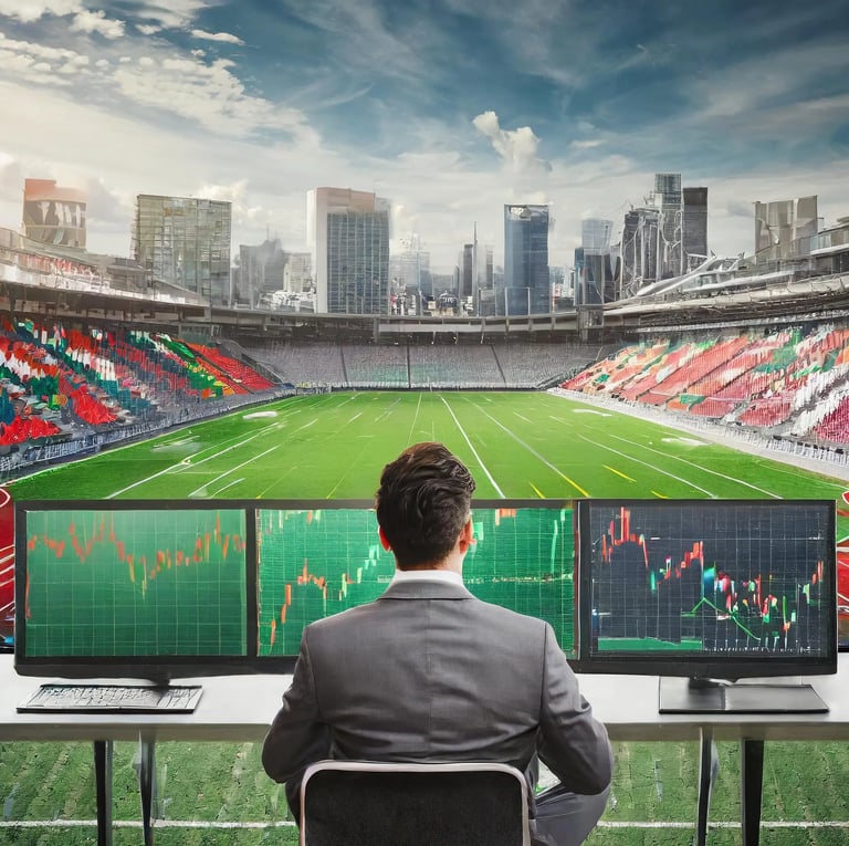 uomo davanti a degli schermi con grafici di trading dentro un campo da calcio