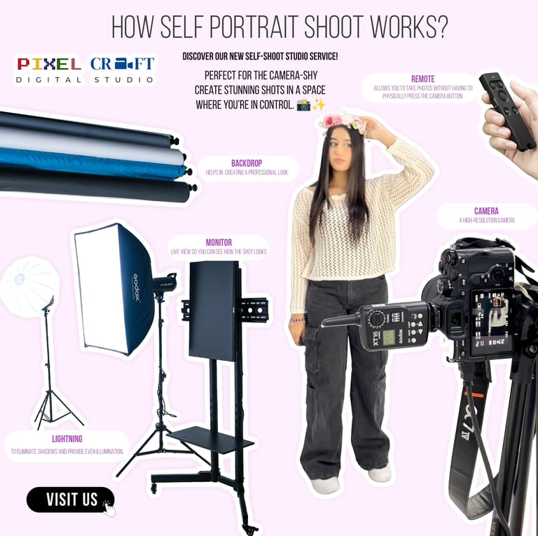 Self-portrait photoshoot with remote at Pixel Craft. Book now!