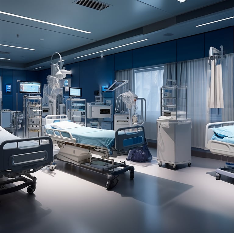 a hospital room with a hospital bed and medical equipment