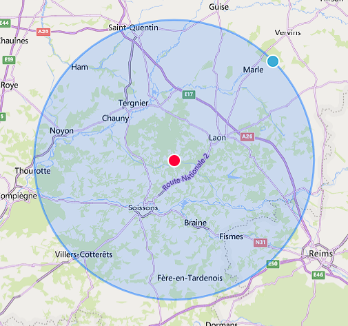 Carte montrant le rayon de déplacement pour les services de nettoyage automobile