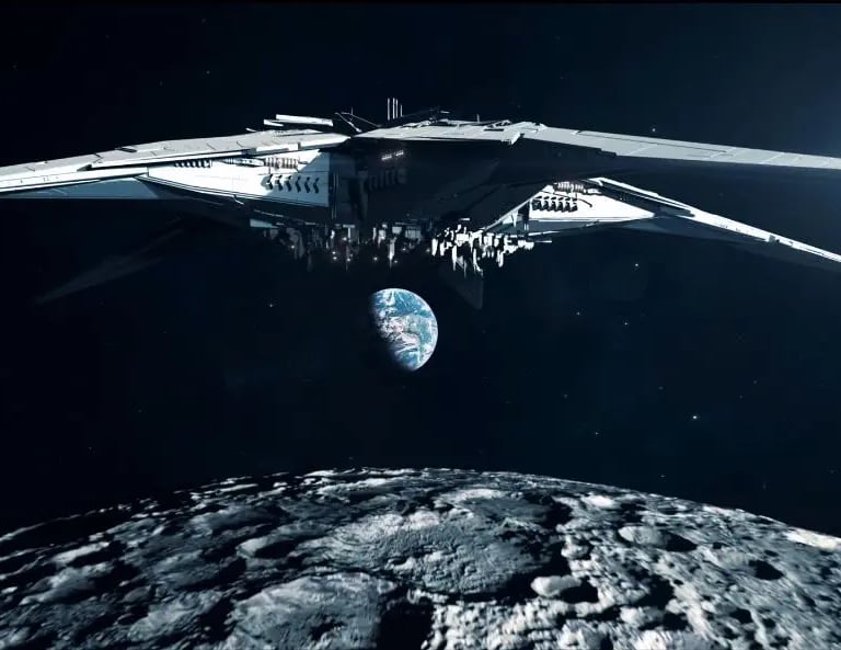 a spaceship is flying over a moon