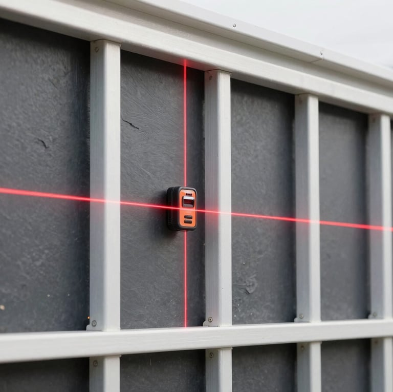 Video player interface overlay showing a laser level casting a bright red grid on a metal wall frame