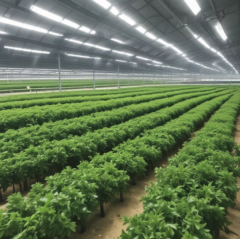 Trays of green microgreens growing in a modern vertical hydroponic indoor farm system.