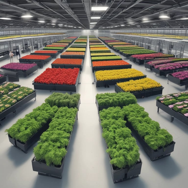 Trays of green microgreens growing in a modern vertical hydroponic indoor farm system.