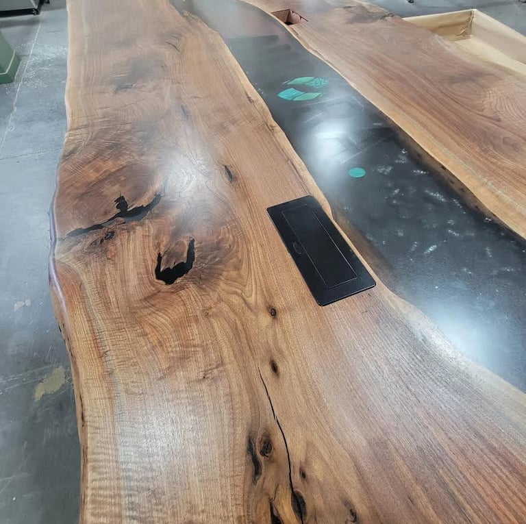 Black walnut epoxy river conference table — top and side view