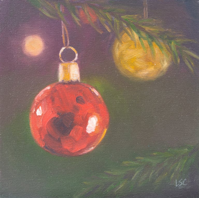 An original oil painting of a Christmas bauble and lights