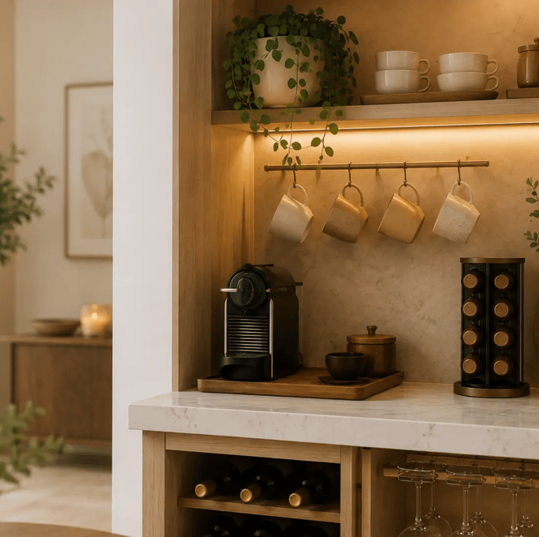 Nicchia arredata come angolo bar con cantinetta