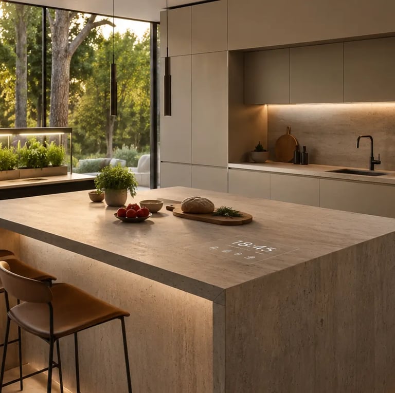 una cucina futuristica color sabbia senza maniglie, piano a induzione invisibile, serra per ortaggi e microgreens
