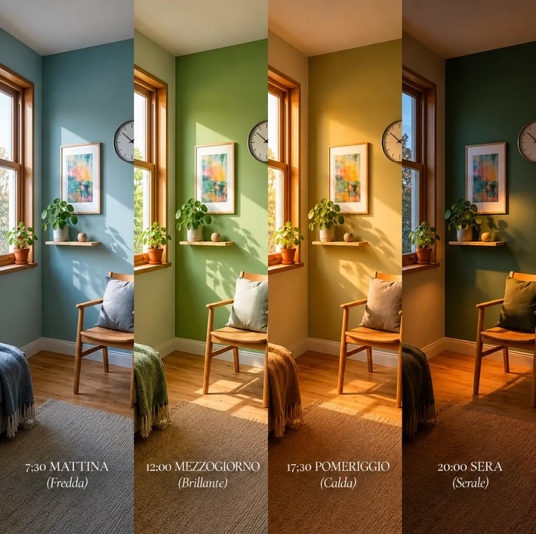 4 immagini a confronto di una parete che con la luce diversa delle varie ore del giorno cambia colore