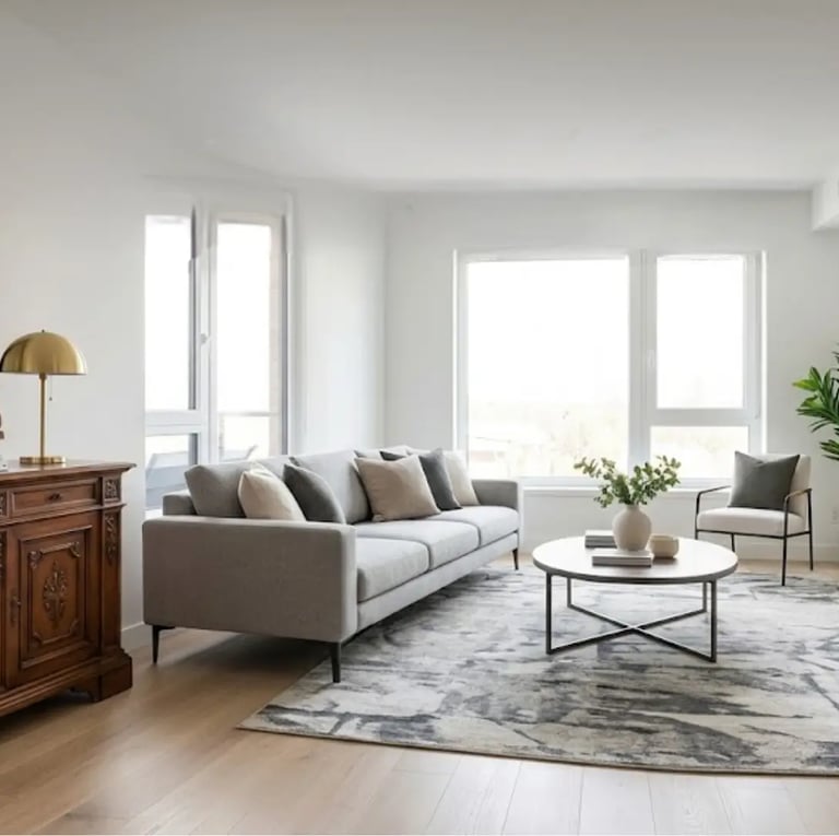 Una madia antica e massiccia perfettamente integrata in un living moderno e luminoso