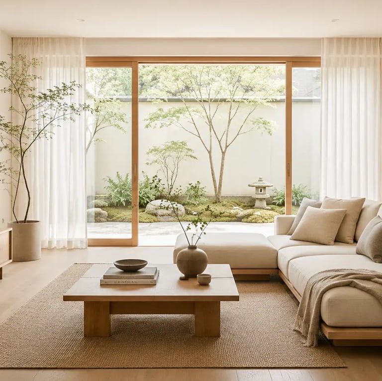 Un ambiente moderno arredato in stile Japandi con divano e tavolino bassi in legno chiaro