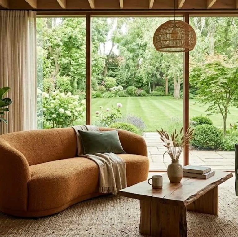 Tendenze design 2026 divano ruggine, poltrona verde desaturata, arredi in legno e una grande vetrata sul giardino