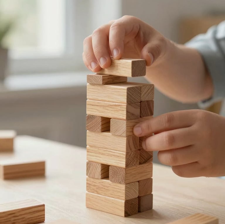 Close-up of a child's hands carefully stacking natural wooden blocks on a cream-colored table, soft side-lighting from a window, warm tones.
