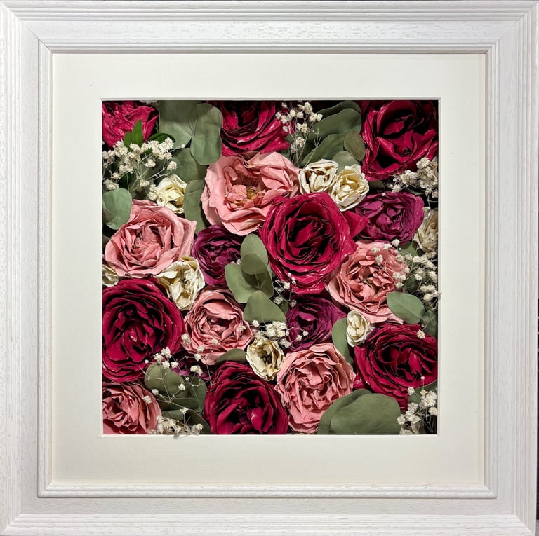 Flower Wall preserved wedding bouquet in a ridged white frame