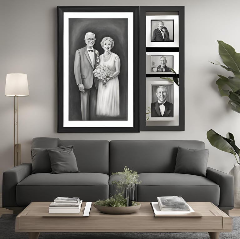 portrait de mariage accroché à un mur de salon