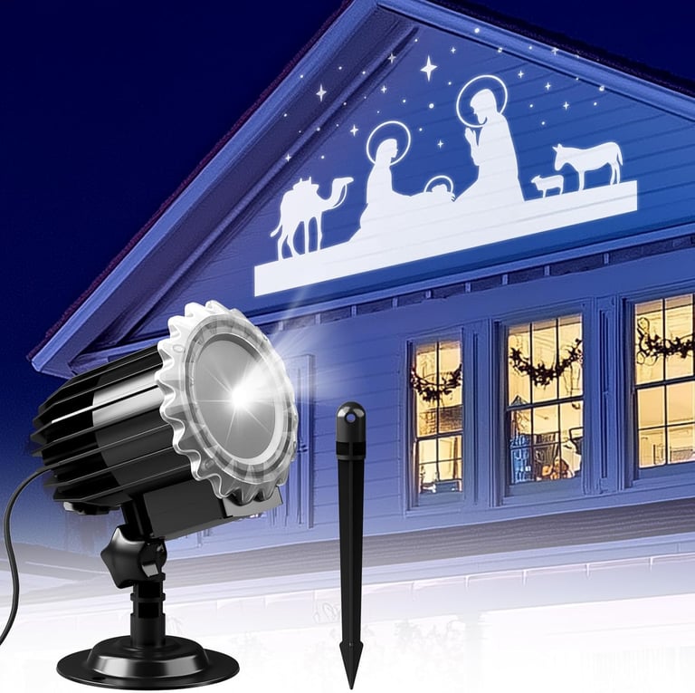 Outdoor Nativity projector displaying on house