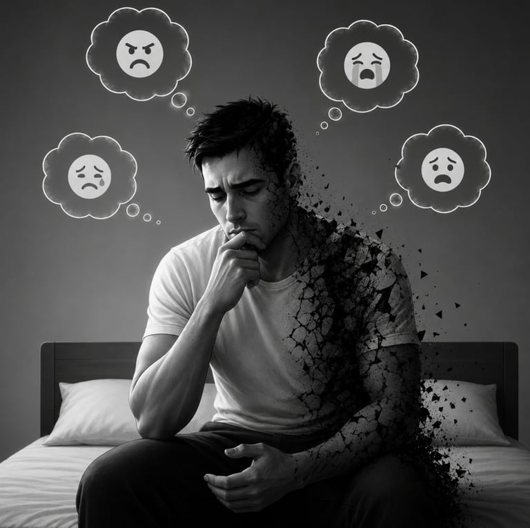 Male sitting at end of bed with thought different emotions bubbles 