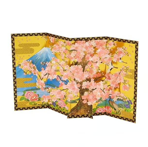 Japanese folding screen card featuring pink cherry blossoms, Mount Fuji, and golden landscape art.