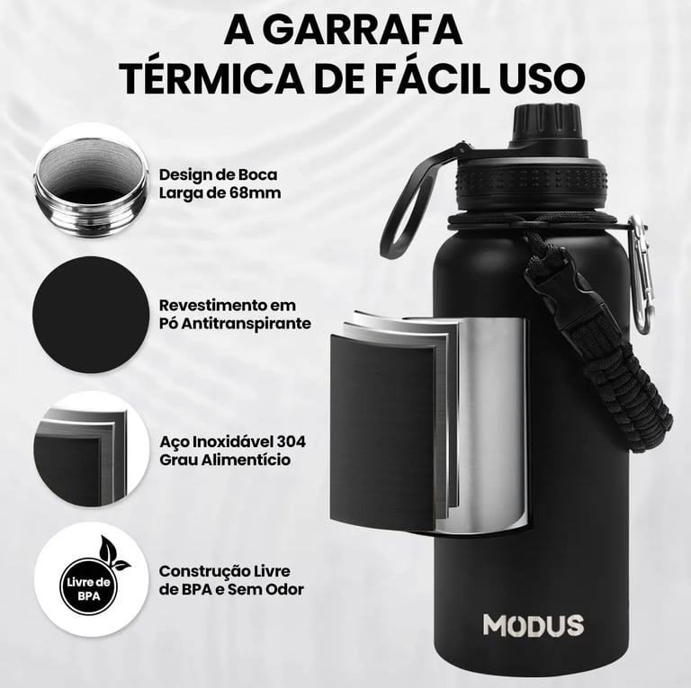 Garrafa Térmica 1 L Aço Inox Bebidas Quentes e Frias cor Preto