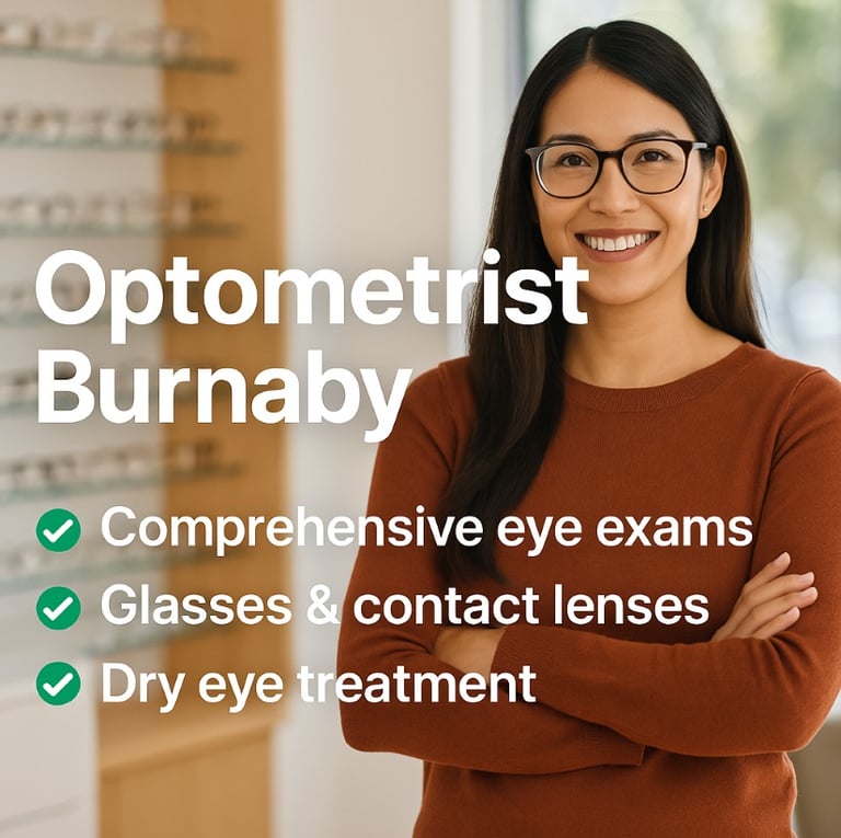 A friendly optometrist assists a patient during an eye exam in a modern clinic.