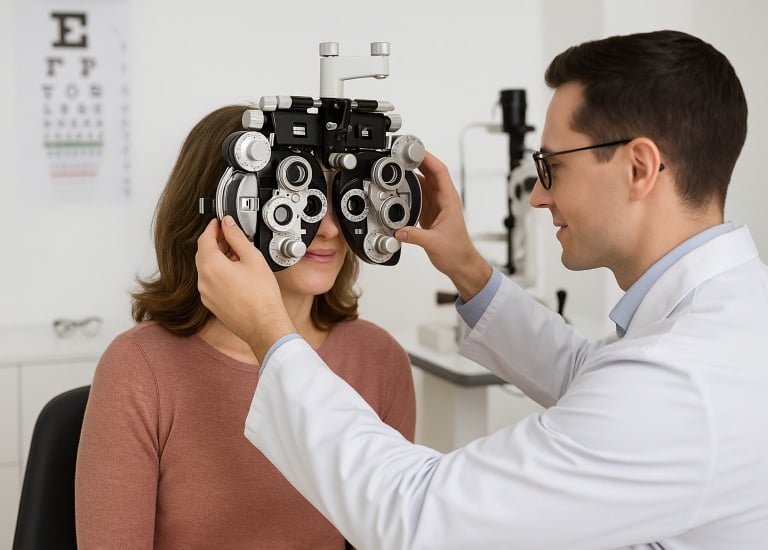 A smiling optometrist adjusts eyeglasses for a patient in a bright Burnaby clinic.