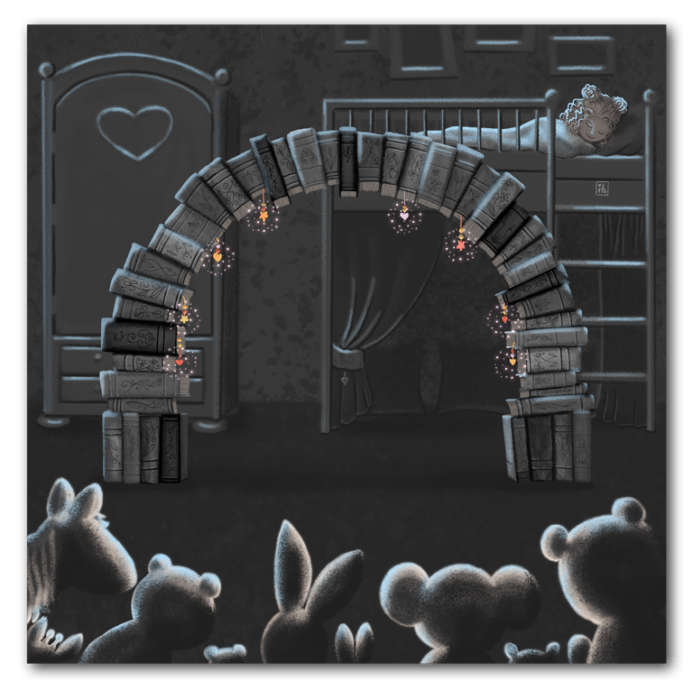 Night illustration by Ildiko Hankoszky showing room asleep in moonlight