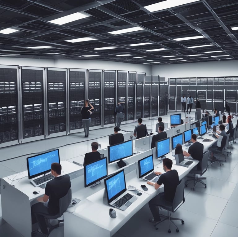 A MacBook with lines of code on its screen on a busy desk