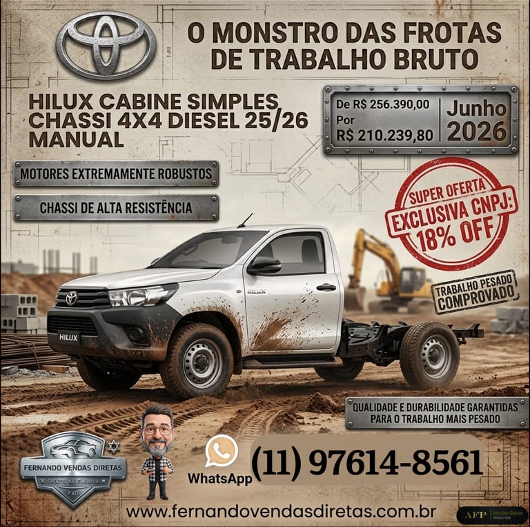 Toyota Hilux 4x4 diesel chassis cab for work fleets with special CNPJ discounts and pricing.
