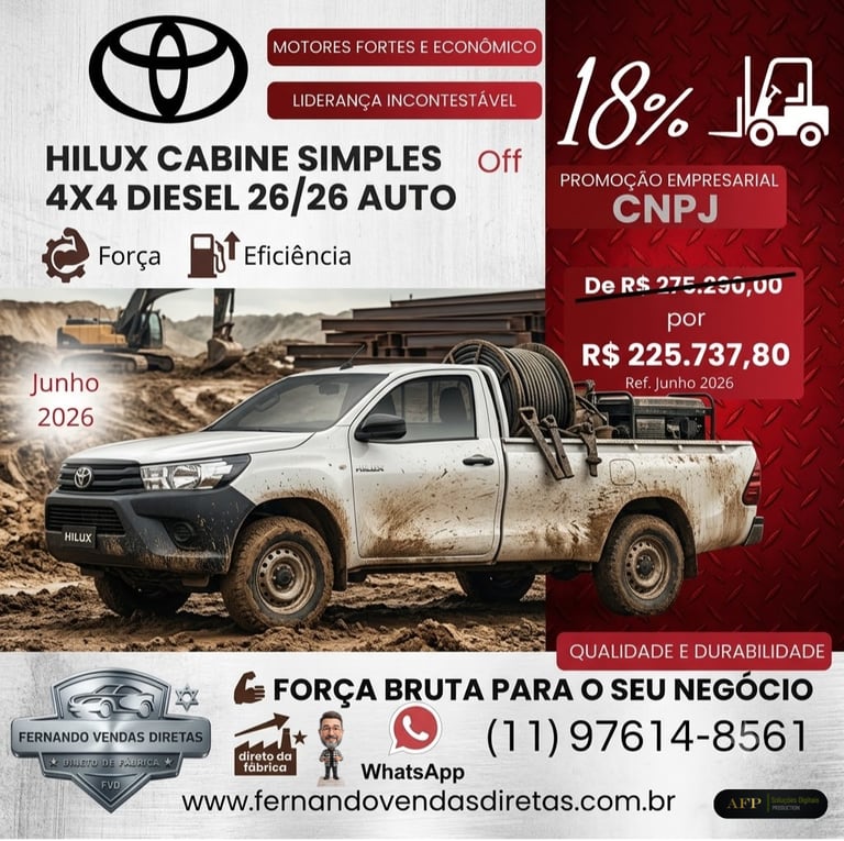 White Toyota Hilux single cab 4x4 diesel pickup truck at a construction site with promotional pricing for CNPJ.