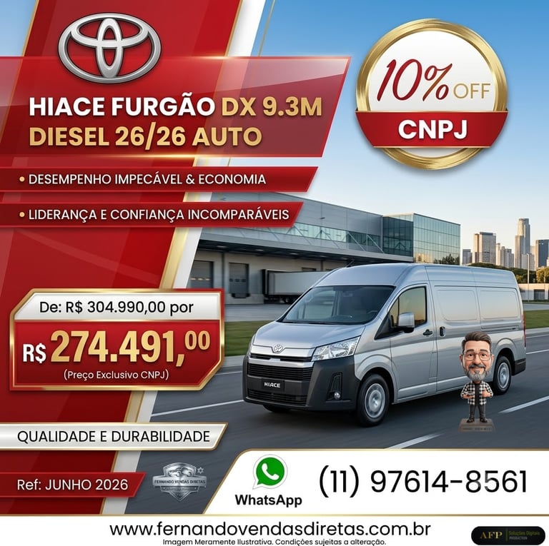 Toyota Hiace Furgão DX 9.3M diesel van promotional offer for CNPJ fleet sales in Brazil.
