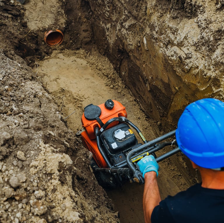 statybininkas tankina grunta transejoje