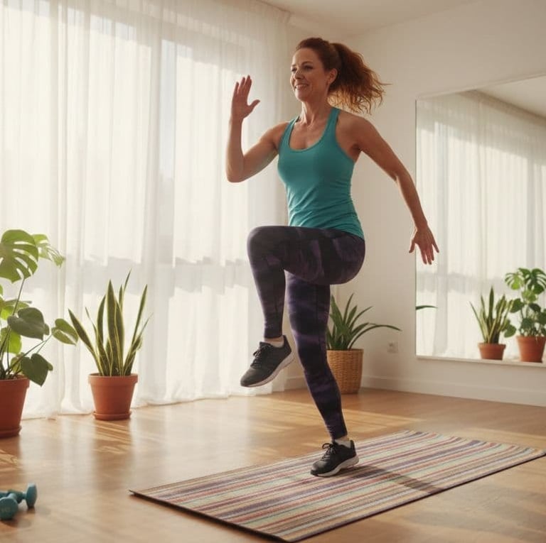 a woman in a blue tank top and leggings doing a yoga pose