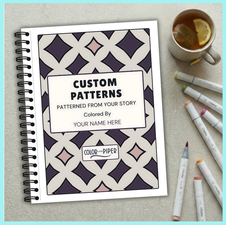 wirebound coloring book with geometric patterns entitled CUSTOM PATTERNS